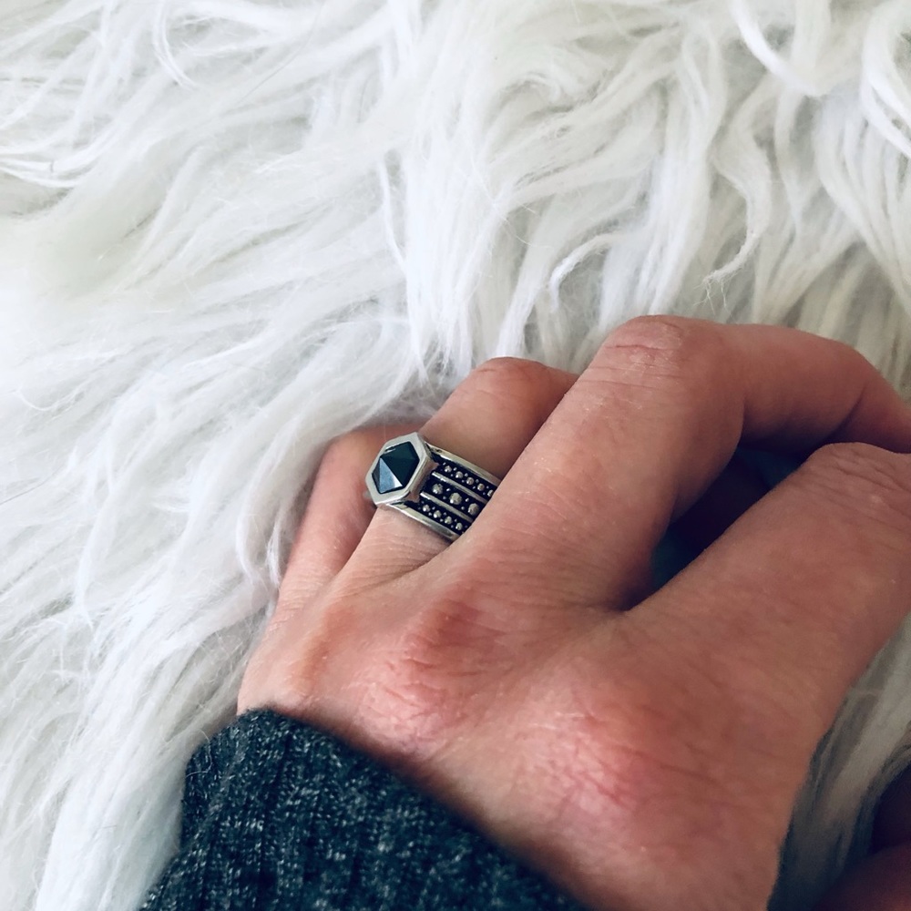 Caroline Neron Stainless Steel ring with black pointy stone sz 5.25